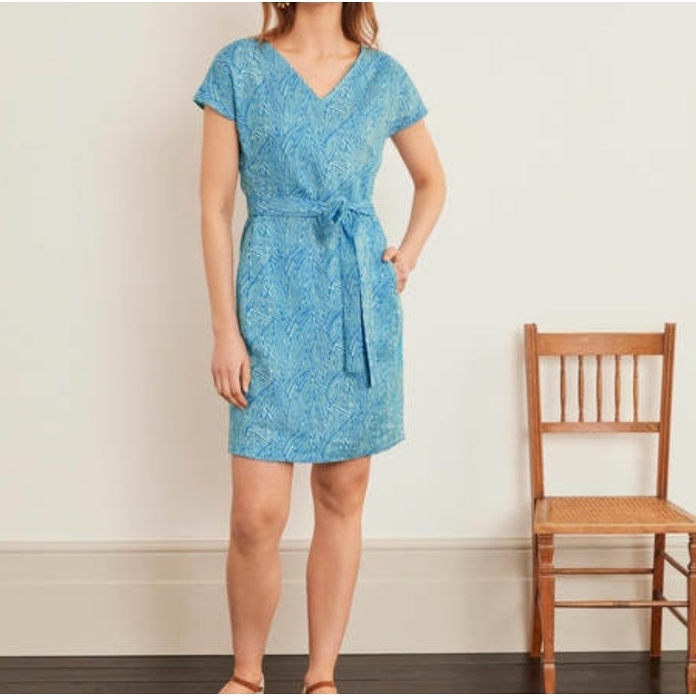 Boden Lara Linen Dress Women 4 Blue Belted Pockets Resort‎ Coastal Preppy